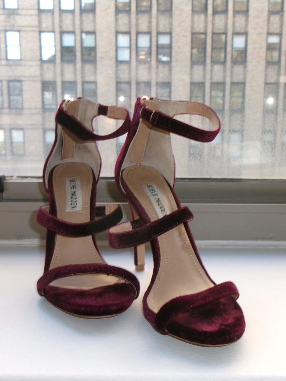 Steve Madden Velvet Strappy Heels in Burgundy - Picture 2 of 5